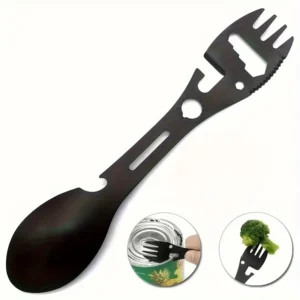 10-in-1 Tactical Stainless Steel Spork Multi-Tool – Spoon, Fork, Knife, Can & Bottle Opener, Wrench, Direction Indicator & Carry Clip