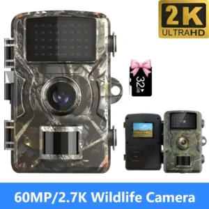 2.7K 32MP Trail Camera with Low Glow Night Vision, Weatherproof, 0.8s Motion Activation, ABS Tree Mount, Day/Night Recording