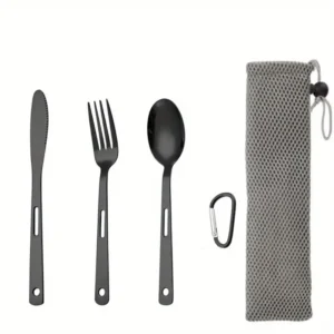 Black 4pcs Camping Cutlery Set with Buckle and Storage Bag Flatware Set Stainless Steel Spoon Fork