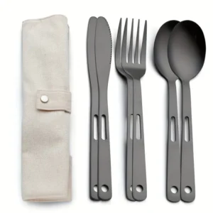 6pcs Black Stainless Steel Cutlery Set with Carry Pouch - Portable Dining Utensils for Camping and Picnics