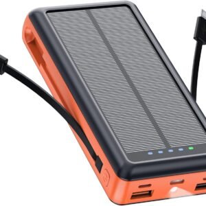 Orange Solar Charger Power Bank, 20000mAh Portable Phone Charger Built-in 2 Output Cable with USB C in/Output, Fast Charging and Flashlight