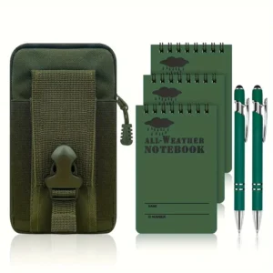 Army Green Waterproof Notebook Set with Windproof Pen & Storage Bag, PVC Pocket Notepads for Outdoor Adventures
