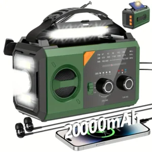 20,000 mAh Army‑Green Solar & Crank Emergency Radio – AM/FM/NOAA, Flashlight, SOS Alarm & Power Bank