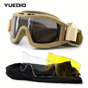 Khaki 3-Lens Anti-Fog, Anti-Sand Goggles – Windproof, Dustproof Eyewear with Adjustable Strap for Outdoor Adventures
